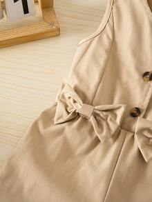 Elladie kids 女童休闲百搭翻领纽扣前襟系带柔软褶皱牛仔质感连体裤，适合秋季、野餐、郊游、搭配服装、日常穿着 - 卡其色 - 查看 6