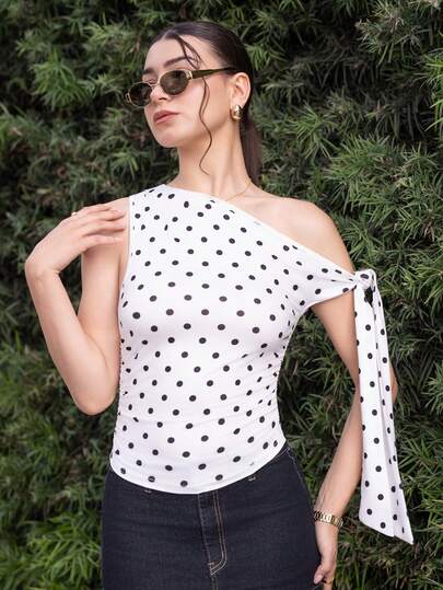 Andrea Bello 女款 Y2K 波点印花褶饰不对称肩上衣