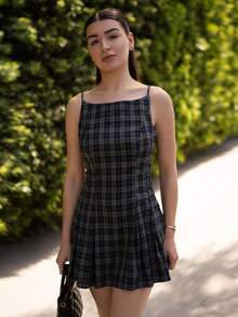 Andrea Bello 优雅格纹修身无袖迷你连衣裙派对 - 墨綠色 - 查看 3