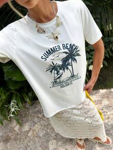 MainGRL 女士假日棕榈树字母印花短袖T恤和迷你裙两件套 - 白色 - 查看 3