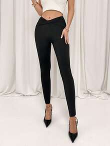 Firerie 女士优雅休闲通勤纯黑色高腰打底裤，春夏百搭休闲打底裤 - 黑色 - 查看 5