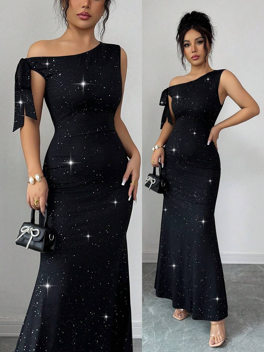 Elenzga 优雅无袖系肩蝴蝶结修身连衣裙，休闲、度假、派对穿着，时尚红色连衣裙 - 黑色 - 查看 1