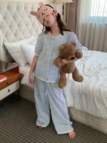 DAZY 少女泡泡袖纽扣上衣和裤子睡衣套装 - 綠色 - 查看 2