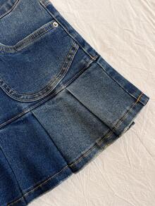 Elamini Y2K 时尚休闲百褶迷你牛仔裙 - 中等水洗藍 - 查看 6