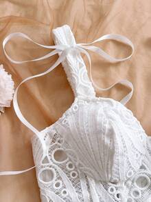 Soleia 女士优雅纯色镂空刺绣交叉绑带吊带背心，夏季 - 白色 - 查看 5