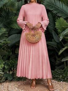 SHEIN Lady CURVE 大码优雅纯色褶皱喇叭袖连衣裙 - 粉色 - 查看 6