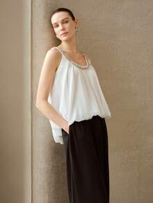 MOTF PREMIUM WOMEN'S ELEGANT CASUAL VACATION RHINESTONE CAMISOLE TOP - White - View 6