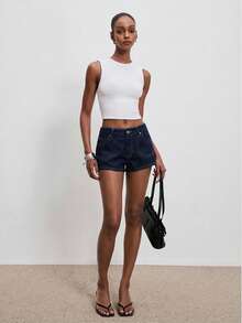 ATUI Studio 女士休闲简约斜插口袋明线中腰牛仔短裤，夏季 - 藍色 - 查看 2