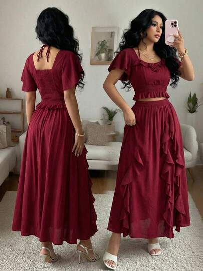 Modelyn Wine Red Vacation Style Heart-Shaped Collar Waist-Cinched Short Sleeve Top With Ruffle Hem Skirt Set, Spring/Summer Burgundy 2 Piece Skirt Sets Woman Vacation Outfits Skirt Set Two Piece Set Women Red Two Piece Set Women Matching Sets