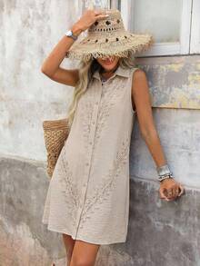 Brillora 女士休闲浪漫蕾丝拼接雪纺迷你连衣裙，适合春夏穿着 - 杏色 - 查看 1