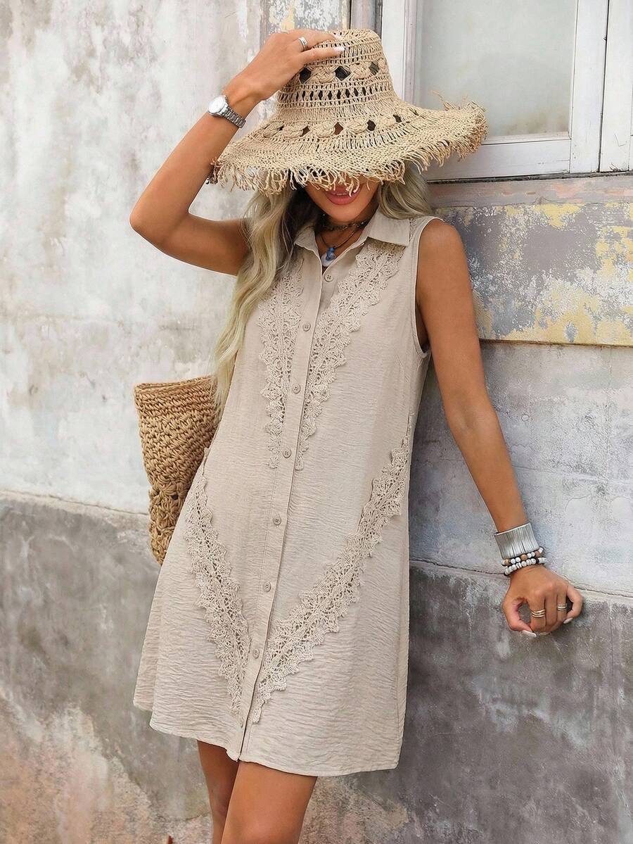 Brillora 女士休闲浪漫蕾丝拼接雪纺迷你连衣裙，适合春夏穿着 - 杏色 - 查看 1