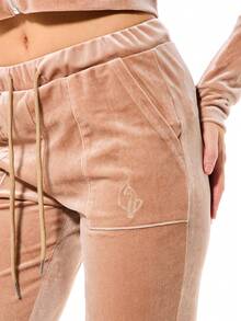 BABYPHAT Pantalones de chándal de pierna ancha de terciopelo lujoso con adornos de strass y cintura con cordón para mujer, ropa de estar en casa cómoda y casual - Amarillo claro - Ver 4