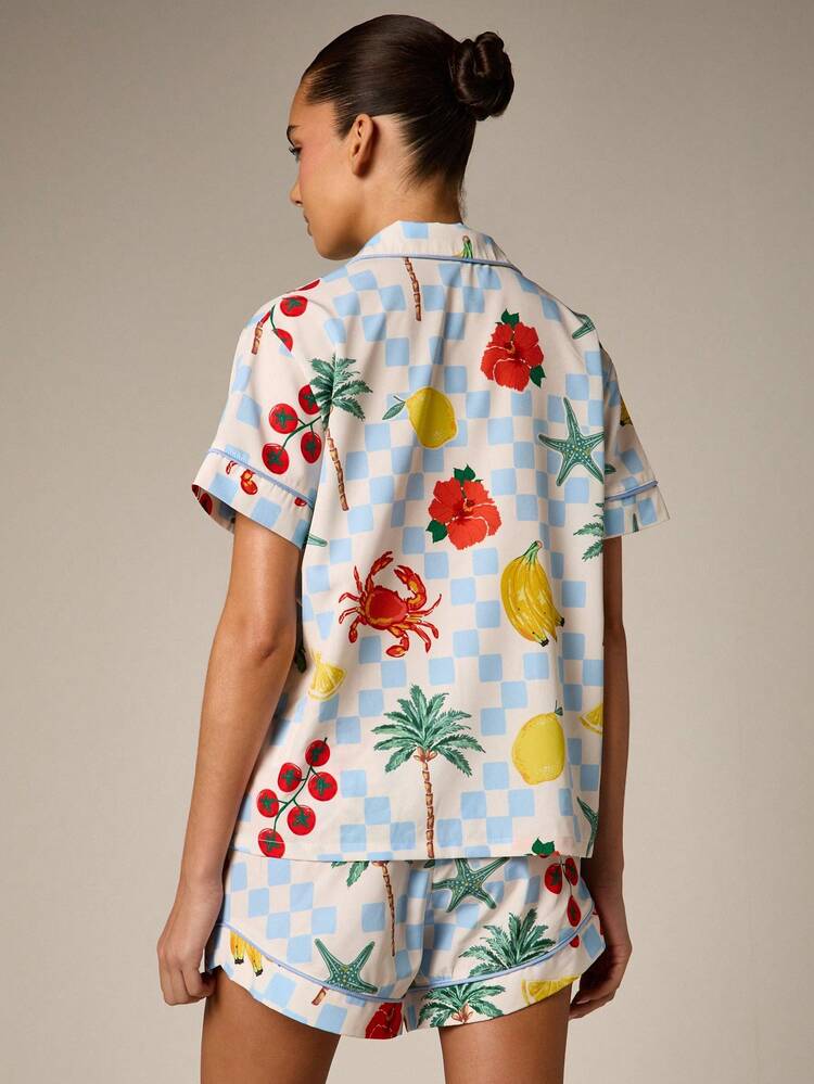 Tropical Print Button Up Pajama Set With Shorts