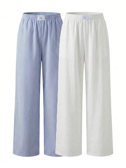 Comfortcana 2026 Summer Spring Women's New 100% Cotton White Pants With Blue Striped Pants Multi Piece Set, Suitable For Women's Vacation Dressing, Easter,St Patrick's Day,Going Out,Party,Wedding,Graduation,Elegant, Vacation,Casual, Luxury,Formal,Valentine's Day, Carnival, Beach, Holiday, Home Leisure, Street, College