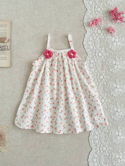 SHEIN 1pc/ Babygirl Spring/Summer White Vacation Outing Floral Print Sundress With 3D Floral Decoration On The Chest A-Line Dress