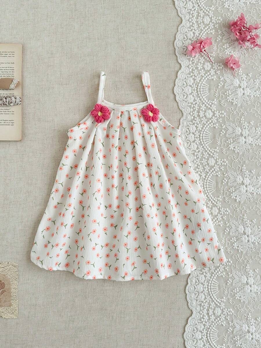 SHEIN 1件/女童春夏白色度假外出印花连衣裙,胸前饰有3D立体花朵装饰,A字裙 - 白色 - 查看 1