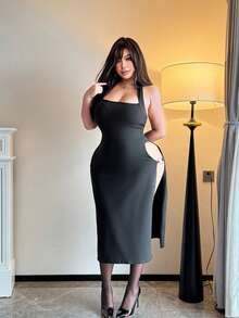 Vibekara 性感夏季露背吊带高开衩连衣裙 - 黑色 - 查看 3