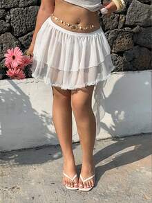 Sunnyshic Minifalda dulce de doble capa con decoración de encaje y cinta para mujer de talla grande - Blanco - Ver 9
