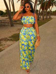 SHEIN SXY 大码柠檬印花无袖上衣和七分裤两件套，休闲假日装扮 - 彩色 - 查看 3