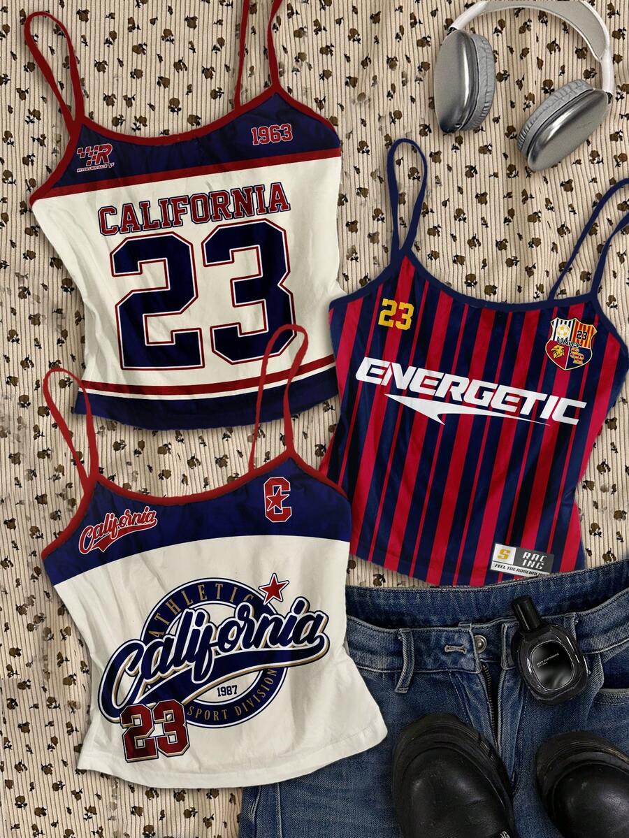 SHEIN Attitoon Bộ 3 áo hai dây ôm sát kiểu dáng retro tối giản, in số và tiếng Anh dành cho nữ, thích hợp cho mùa hè và các hoạt động thể thao. - Nhiều màu - Xem 1