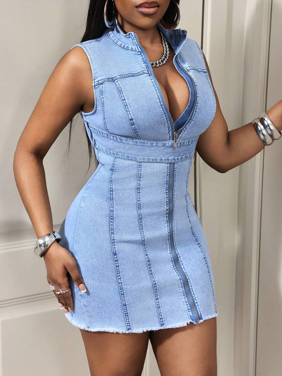 Slaydiva Fashionable Casual Front Zipper Sleeveless Fitted Denim Dress For Women - Blue - View 1