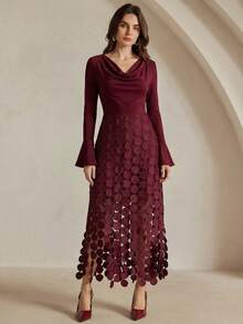 Anewsta 新款针织垂褶领口蕾丝拼接流苏下摆优雅派对连衣裙，红色 - 酒紅色 - 查看 7