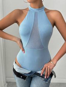 Glamine Body de malla con cuello halter para mujer, versátil para uso diario - Celeste - Ver 4