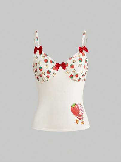 Strawberry Shortcake | ROMWE 草莓脆片联名款修身可爱草莓花卉印花女式吊带衫