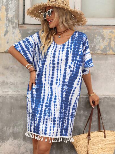 Brillora Áo khoác ngoài nữ kiểu dáng thường ngày, in họa tiết tie-dye, có tua rua ở gấu áo.