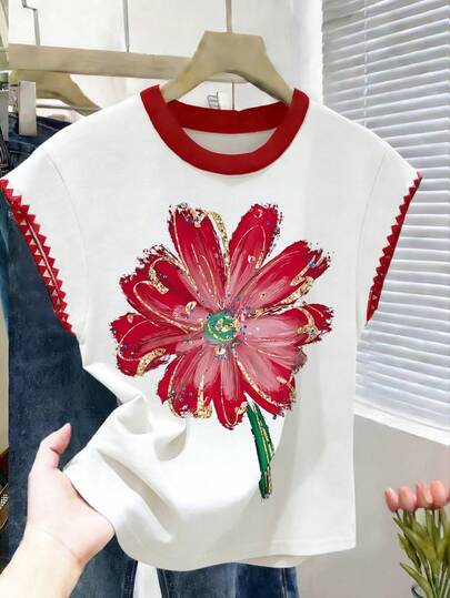 Resyla Women's Loose Casual Colorblock Patchwork Print Round Neck T-Shirt Top