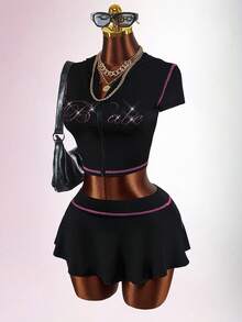 Amplova Y2K Style English Letter Front Zipper Cropped Top & Mini Skirt 2 Pieces Set For Women - Black - View 3