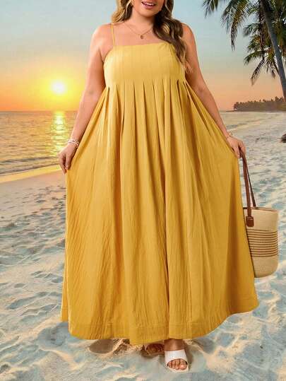 SHEIN CURVE+ Curve 尺码 US22 音乐节、海滨度假、波西米亚风女士宽松黄色吊带连衣裙，度假波西米亚风