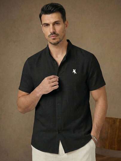 HIMLAND Men's Casual Commuter Faux Linen Embroidered Short Sleeve Shirt ,Men's Black Mandarin Collar Short Sleeve Shirt ,Casual Button Down Shirt With Horse Embroidery ,Summer Beach Wedding Collarless Top ,Lightweight Breathable Grandad Shirt ,Slim Fit Solid Black Texture Blouse ,Retro Vintage Style Embroidery Shirt ,Gentleman Style Summer Outfit ,Men's Band Collar Shirt  ,Short Sleeve Button Down Grandad Top  ,Summer Casual Linen Look Embroidered Blouse ,Slim Fit Summer Essential ,Men Shirts