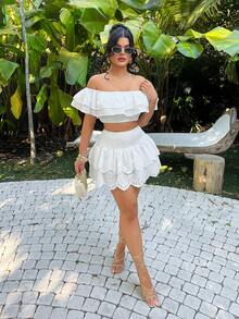 SHEIN SXY Eyelet Embroidery Ruffle Hem Mini Skirt,Summer ,Vacation,Beach , Ruffle Skirt,White - White - View 6