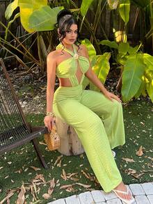 SHEIN SXY Women's Vacation Casual Backless Halter Jumpsuit - Black - View 3