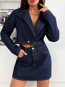 SHEIN Women Elegant Crop Blazer Jacket & High-Rise Mini Skirt, Two Pieces Fashionable Denim Set - Dark Wash - View 6