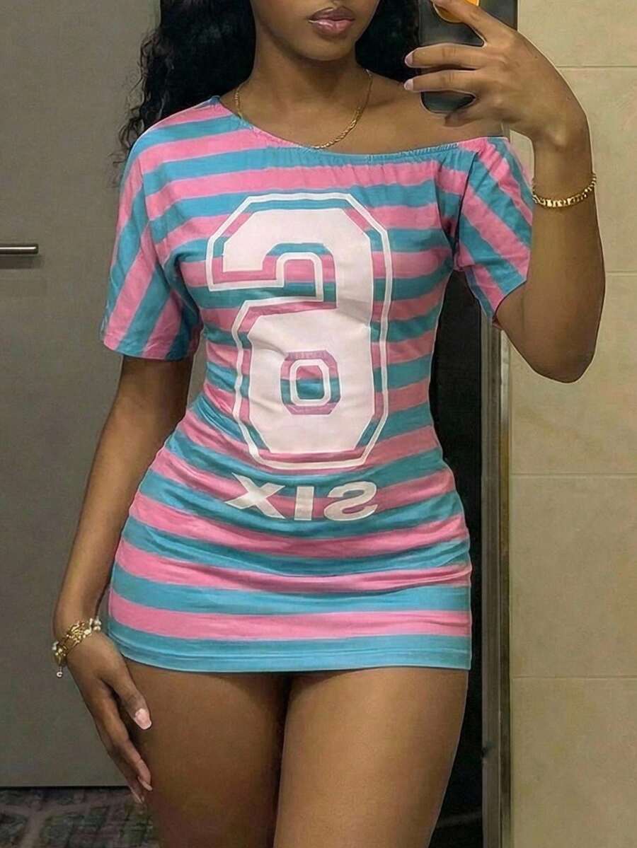 StreetHx 女士字母数字印花修身不对称肩部迷你连衣裙，适合约会和外出穿着 - 彩色 - 查看 1