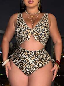 Swim SXY 2026 Spring/Summer Beige Leopard Print One-Piece Swimsuit For Thick Women,Plus Size Club Outfits,Minimalist Beach Vacation Holiday Rave Outfits - Multicolor - View 4