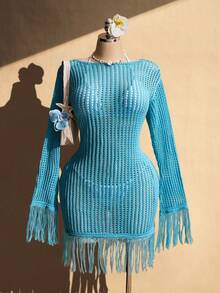 SHEIN CURVE+ 大尺碼復古性感時尚個性化海灘休閒度假波西米亞風喇叭袖流蘇飾邊修身針織洋裝 - 水鴨藍 - 查看 10