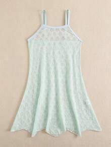 SHEIN 少女薄荷绿贝壳图案针织罩衫，连体泳衣，休闲度假装，适合夏季假期、海滩、泳池、度假派对 - 薄荷綠 - 查看 4