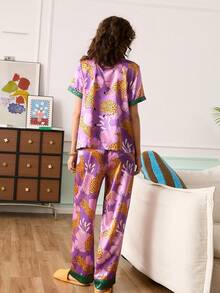 Chillnights 年轻活力趣味豹纹花卉植物印花撞色豹纹滚边女士睡衣套装 - 彩色 - 查看 2