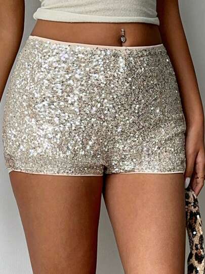 Aloruh Women's Spring/Summer Sexy Ultra Low-Waist Silver Sequin Tight Booty Shorts, Suitable For Music Festivals, Parties, Galas, Y2K