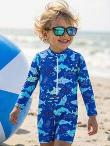 SHEIN Young Boy Cartoon Print One-Piece Swimsuit For Beach/Vacation - Blue - View 1