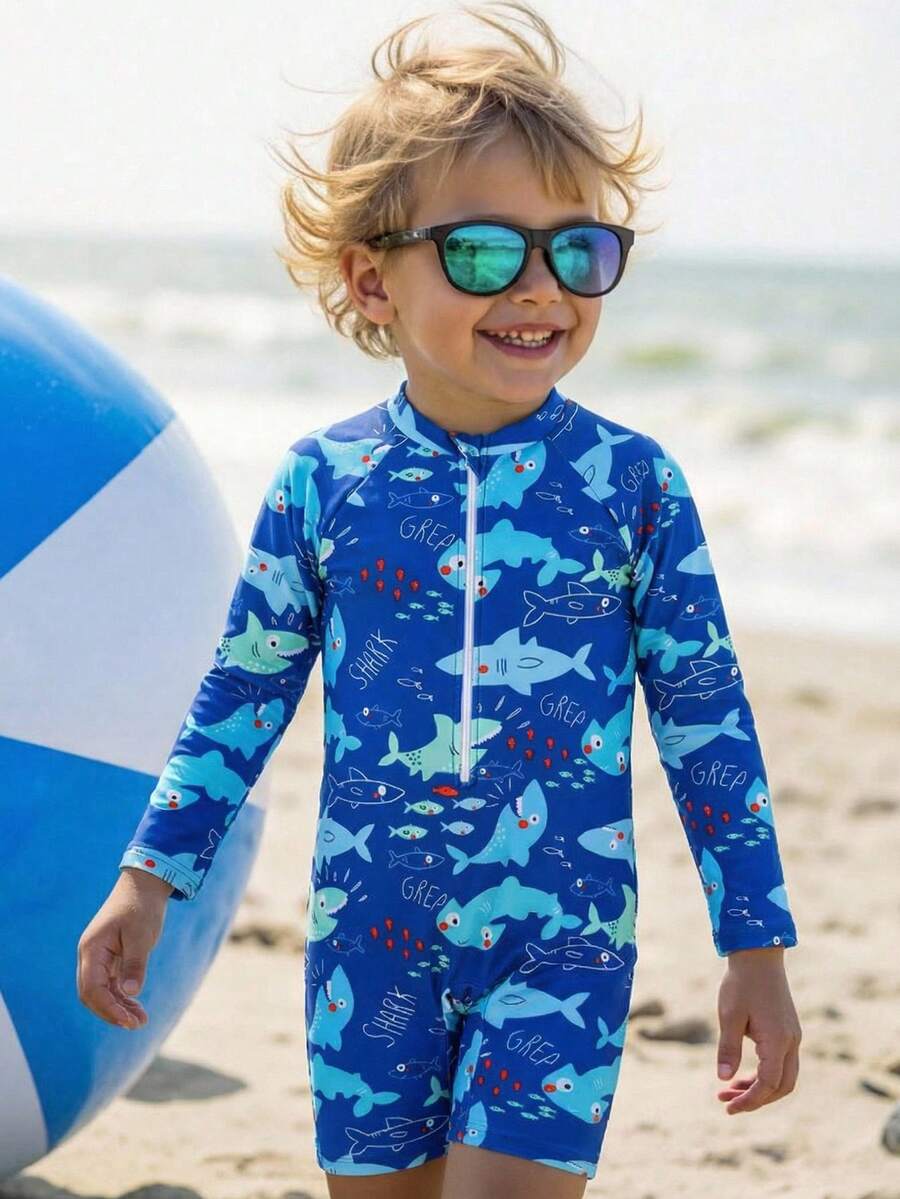 SHEIN Young Boy Cartoon Print One-Piece Swimsuit For Beach/Vacation - Blue - View 1