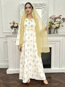 Yasmyna 女士优雅蝴蝶花卉印花喇叭袖阿拉伯风格连衣裙 - 黃色 - 查看 4