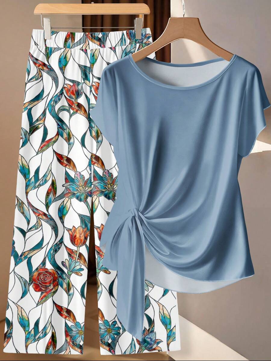 EMERY ROSE Casual Solid Color Top & Leaf Print Pants 2 Pieces Set, Plus Size - Multicolor - View 1