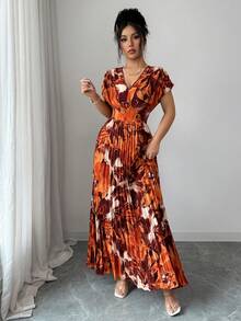 Elenzga Đầm ôm sát eo xếp ly, họa tiết ngẫu nhiên, thanh lịch dành cho nữ, phong cách thời trang mùa lễ hội. - Màu Cam cháy - Xem 4