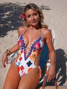 Swim Vcay 女士印花挂脖系带连体泳衣，适合海滩度假、泳池派对、沙滩派对 - 彩色 - 查看 4