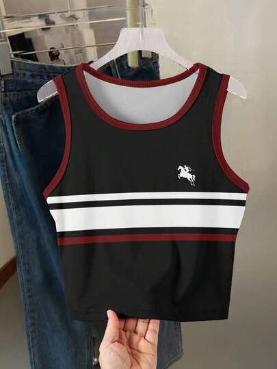 Vintage Style All-Match Versatile Daily Home Digital Print Striped Tank Top, Fashionable Casual Suitable For Summer, Girls & Women