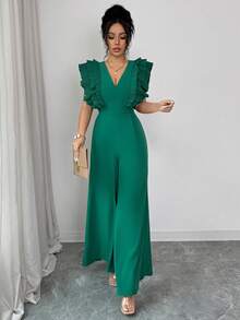 Elenzga Mono elegante y casual para mujer, de tela verde suave y cómoda, con diseño de mangas con doble capa de volantes plisados, casual y elegante, adecuado para salidas, viajes o eventos sociales, un artículo esencial en el guardarropa de la mujer - Verde - Ver 4